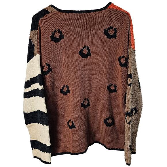 Vtg Carole Little Cardigan Women Med Brown Animal Print Knit Patchwork Boho Cats - Picture 2 of 11